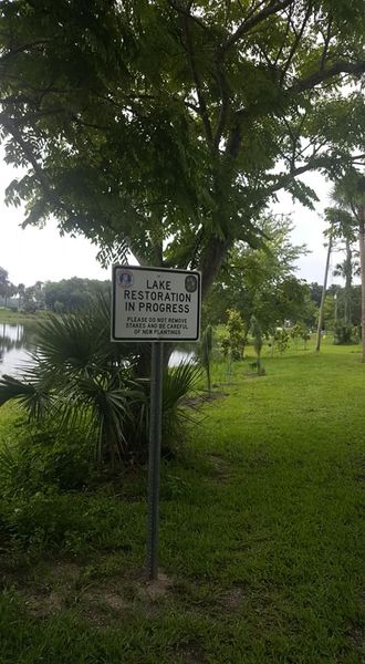 Lake Restoration In Progress sign